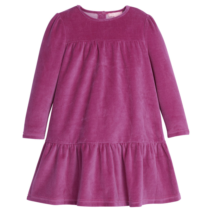 Girls/Tween dress in our Magenta Velour. Dress features a two-tier detail, with button enclosures along the back, and is made out of a soft velour fabric-BISBY