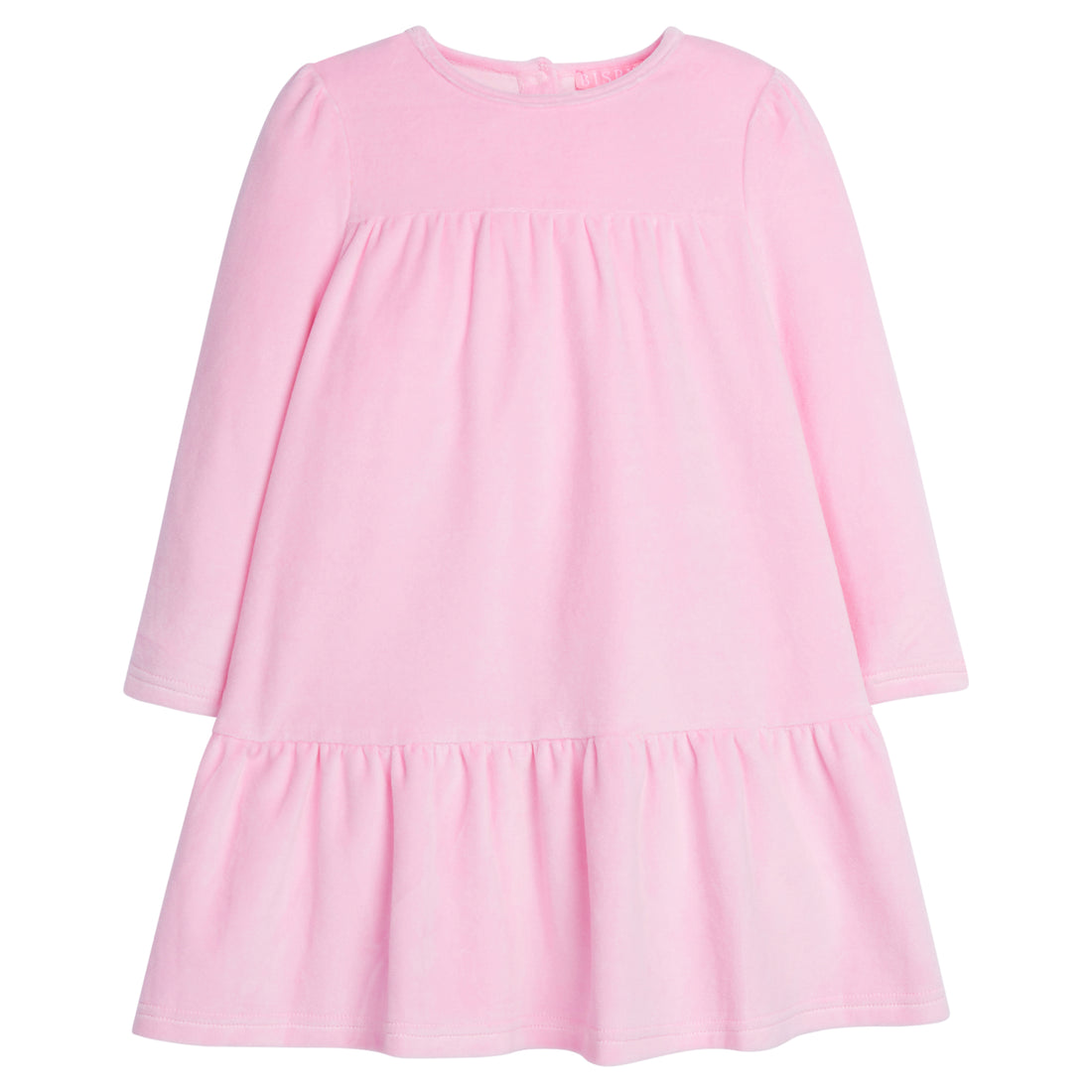 Girls/Tween dress in our Light Pink Velour. Dress features a two-tier detail, with button enclosures along the back, and is made out of a soft velour fabric-BISBY