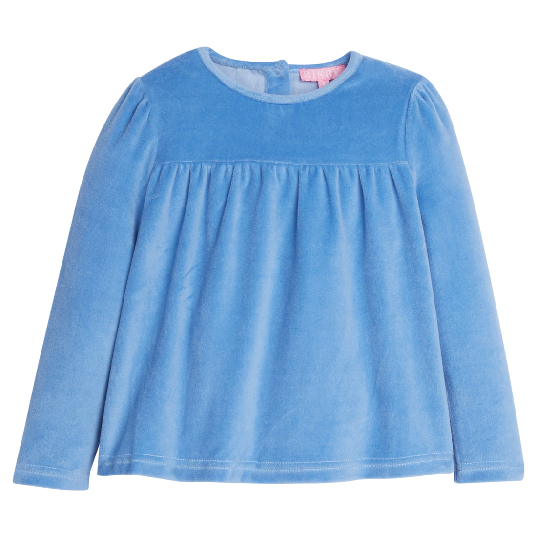 Girls/Tween top in our French Blue Velour. Top features button enclosures along the back and is in our velour fabric for a soft and comfy feel-BISBY