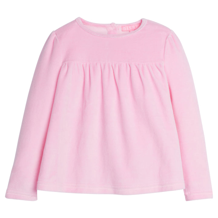 Girls/Tween top in our Light Pink Velour. Top features button enclosures along the back and is in our velour fabric for a soft and comfy feel-BISBY