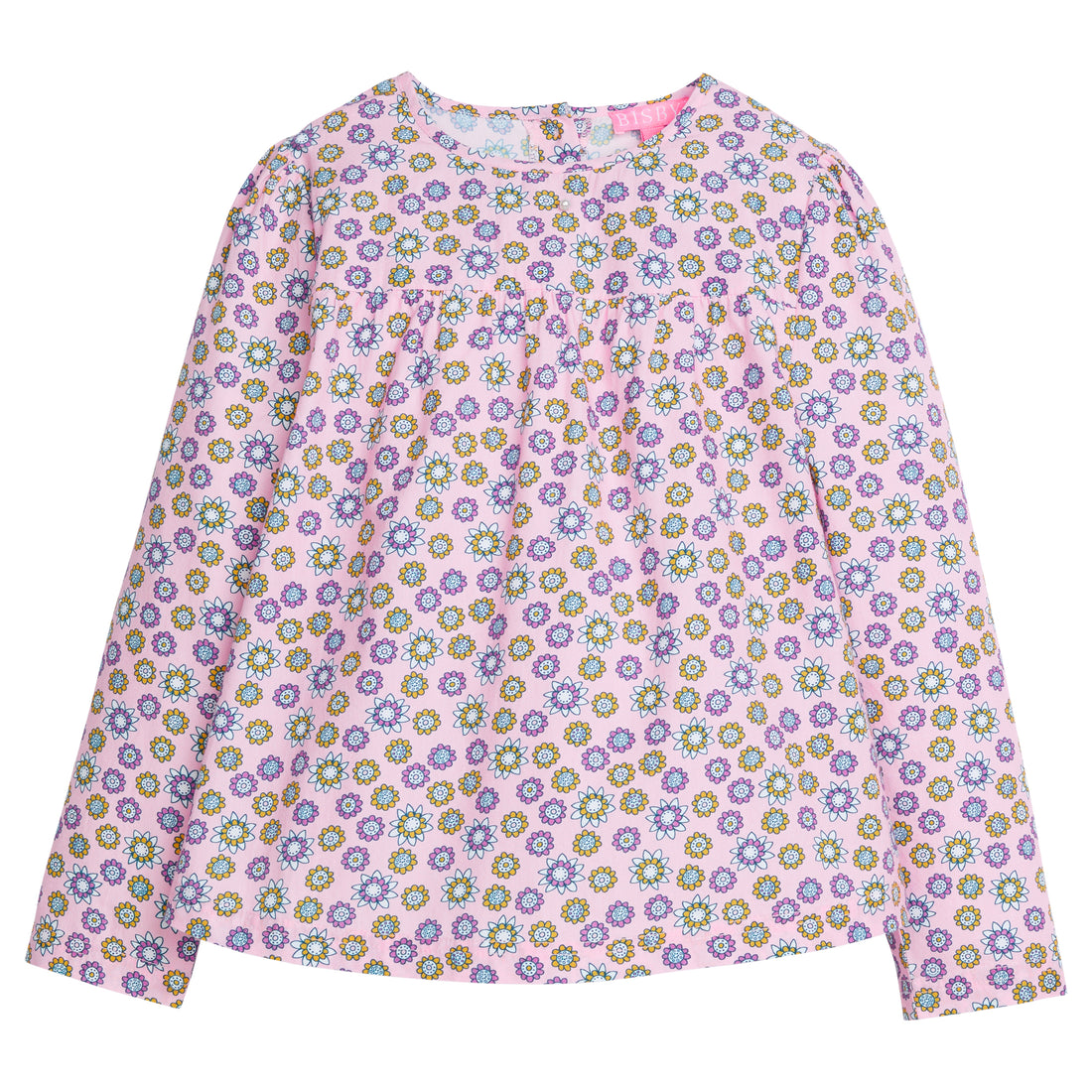 Girls/tween top in our Vienna Violets print which features a magenta/yellow/white floral pattern on a pink background. Top has button enclosures along the back and is made of a lightweight woven material for a relaxed and comfy fit-BISBY