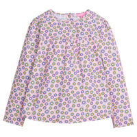 Girls/tween top in our Vienna Violets print which features a magenta/yellow/white floral pattern on a pink background. Top has button enclosures along the back and is made of a lightweight woven material for a relaxed and comfy fit-BISBY