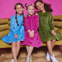 Girls/Tween velour dress in a French blue, Sage Green, and Magenta color. Dress has button closures along the back, but made of a soft stretchy velour for a secure but comfy fit.