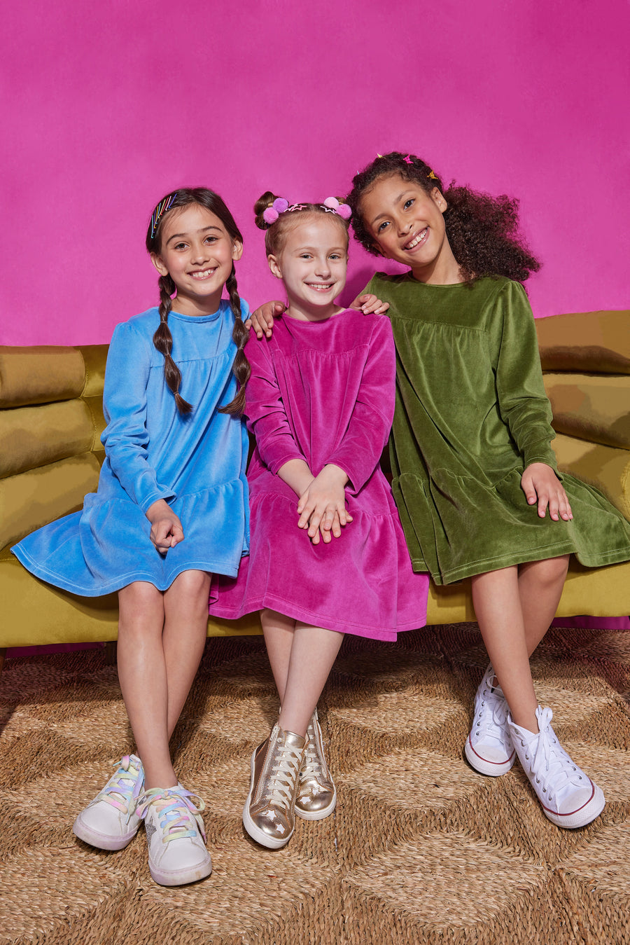 Girls/Tween velour dress in a French blue, Sage Green, and Magenta color. Dress has button closures along the back, but made of a soft stretchy velour for a secure but comfy fit.