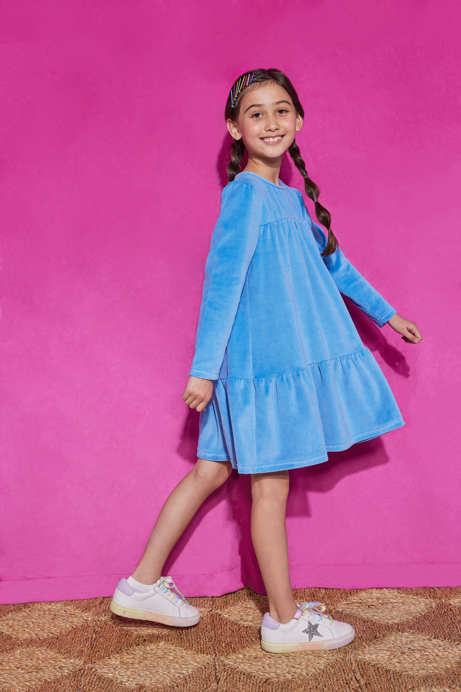 Girls/Tween velour dress in a French blue color. Dress has button closures along the back, but made of a soft stretchy velour for a secure but comfy fit.