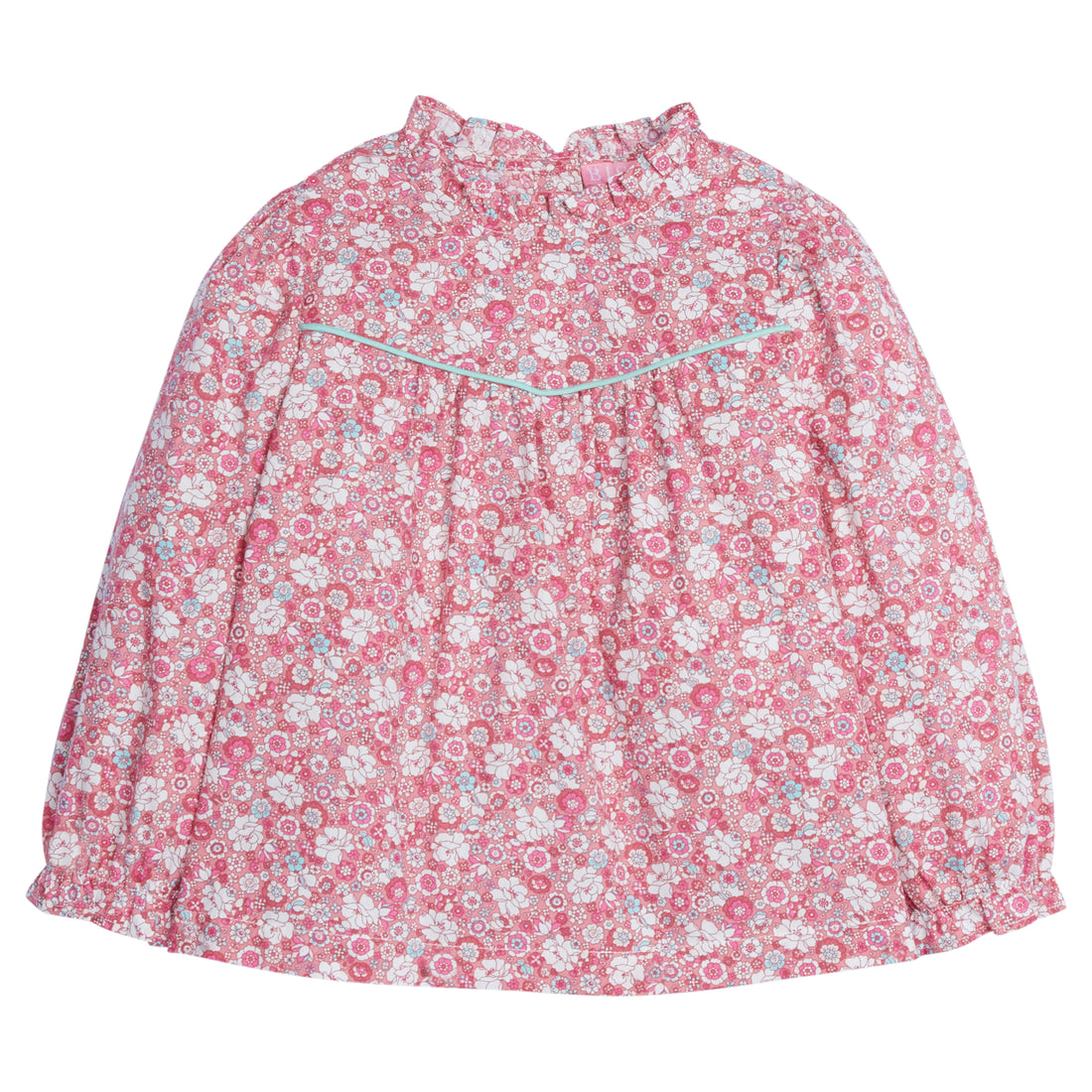 Girls/Tween top in our Bedford Gardens Pink floral which features a pink/turquoise/white floral arrangement. Top has a turquoise trim detail along the bust, elastic cuffs on the sleeves, ruffles at the neckline, and there are buttons along back as well -BISBY