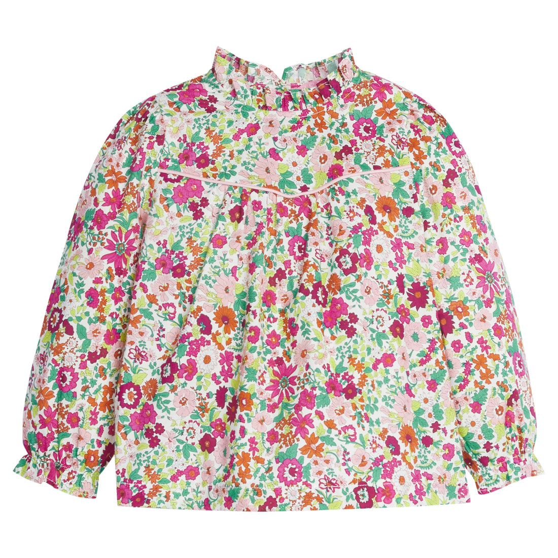 Girls/Tween top in our Magenta Floral which features a magenta/orange/pink/green floral arrangement. Top has a light pink trim detail along the bust, elastic cuffs on the sleeves, ruffles at the neckline, and there are buttons along back as well -BISBY