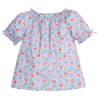 Girls/Tween woven short sleeve top in this gorgeous lilac/blue/red floral pattern. Top features button closures along the front, an elastic neckline, and faux ties on the elastic cuff sleeves for an elevated look. 