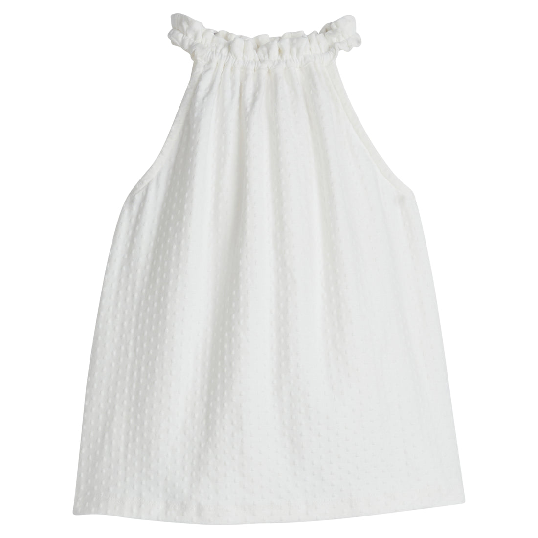 Girls/Tween sleeveless top in a white pointelle. Top features a halter neckline that is elastic so it is comfy and stretchy and also has button closure along back for a secure but relaxed fit.