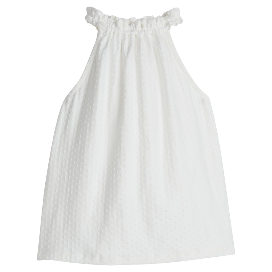 Girls/Tween sleeveless top in a white pointelle. Top features a halter neckline that is elastic so it is comfy and stretchy and also has button closure along back for a secure but relaxed fit.