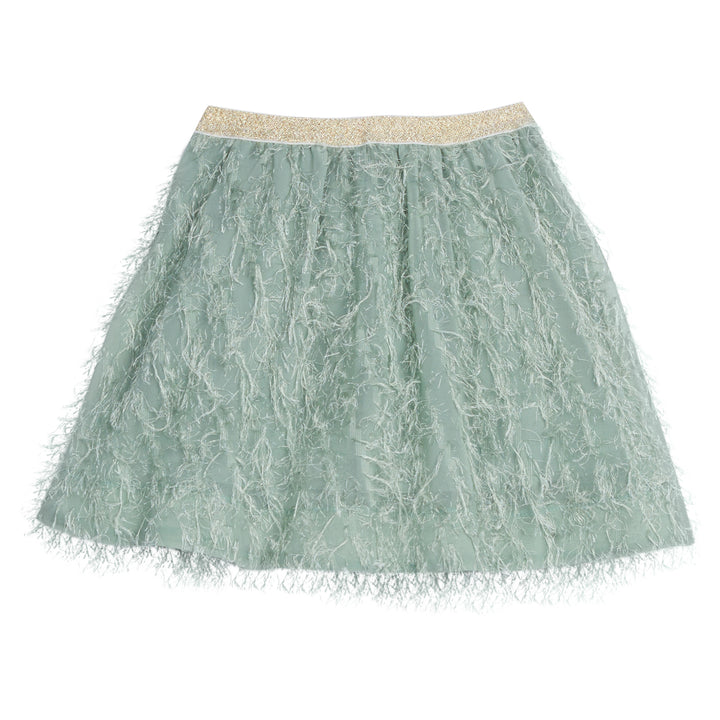 Girls/Tween skort in our Sage Eyelash. This skort features an elastic gold glitter waistband with a fringe sage material detail all over the skort. The skort also has built in shorts for a comfy secure fit-BISBY