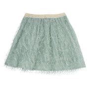 Girls/Tween skort in our Sage Eyelash. This skort features an elastic gold glitter waistband with a fringe sage material detail all over the skort. The skort also has built in shorts for a comfy secure fit-BISBY