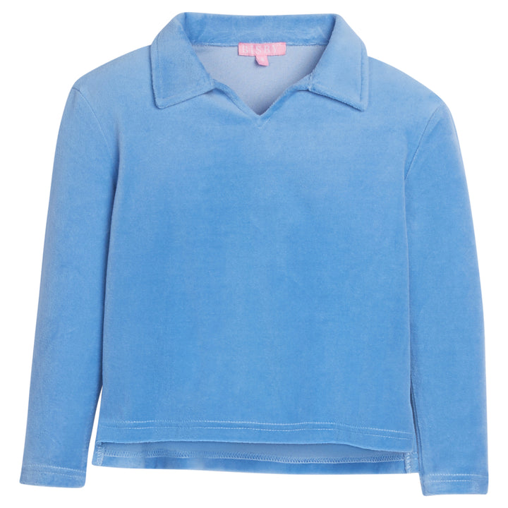 Girls/Tween pullover in our French Blue Velour. Pullover has a slight v-neck neckline and a collar. Fabric is a super soft velour for a comfy and relaxed fit-BISBY