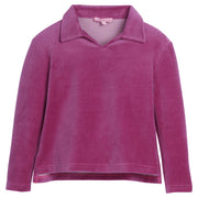 Girls/Tween pullover in our Magenta Velour. Pullover has a slight v-neck neckline and a collar. Fabric is a super soft velour for a comfy and relaxed fit-BISBY