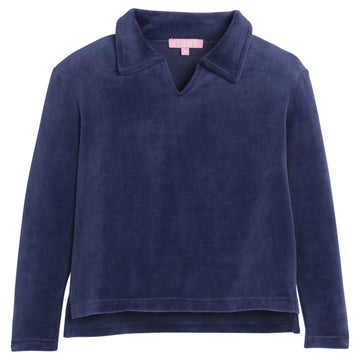 Girls/Tween pullover in our Navy Velour. Pullover has a slight v-neck neckline and a collar. Fabric is a super soft velour for a comfy and relaxed fit-BISBY