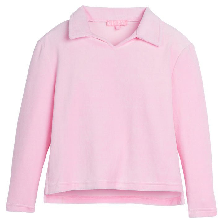 Girls/Tween pullover in our Light Pink Velour. Pullover has a slight v-neck neckline and a collar. Fabric is a super soft velour for a comfy and relaxed fit-BISBY