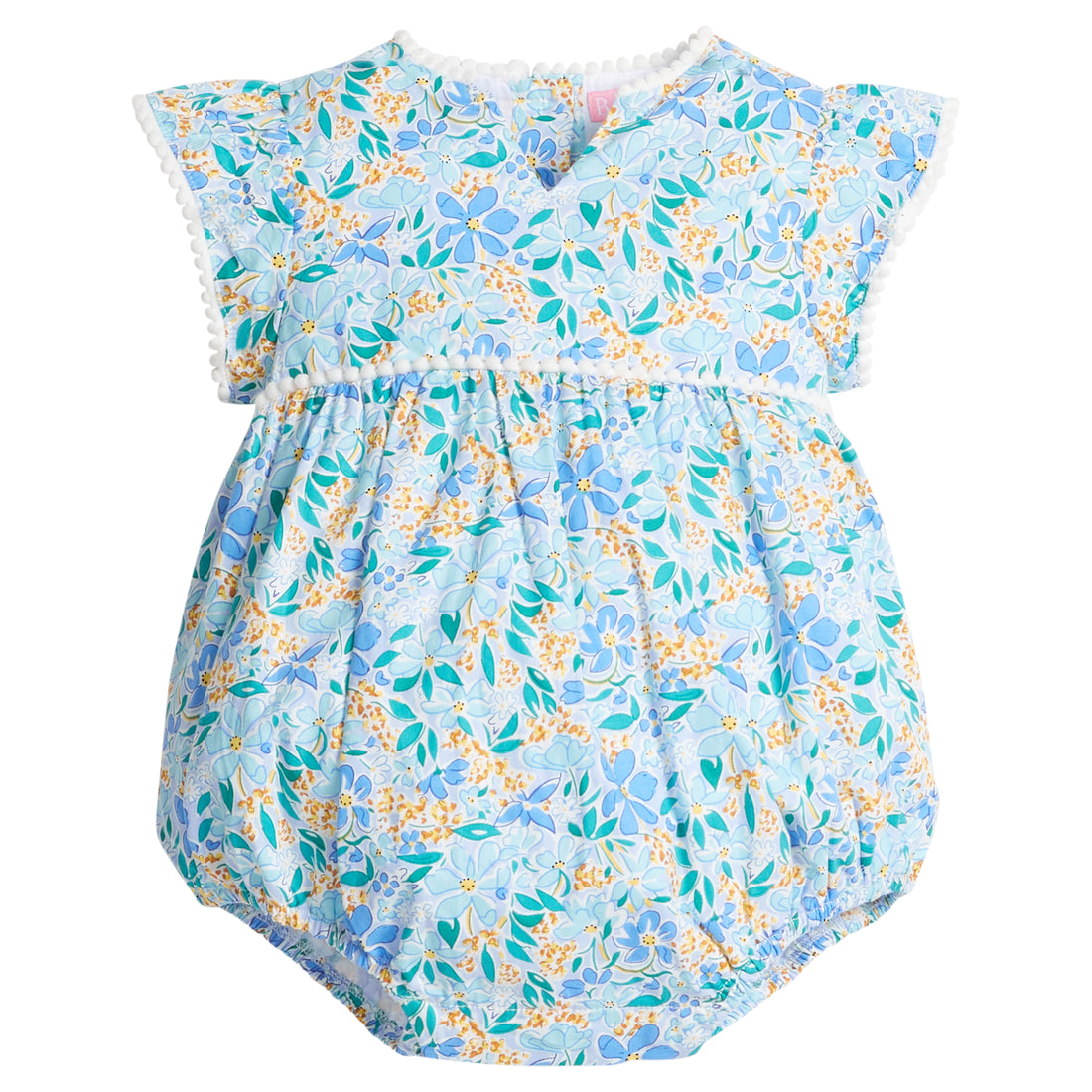 Baby girl woven bubble with ruffle/angel sleeves and slight v-neck neckline and multi-color blue and yellow flowers printed across the body. The bust-line and sleeves are also lined with white pom poms and there are button closures along the stride. 