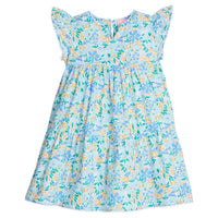 Girls/Tween blue floral tiered dress with blue and yellow flowers printed on it. Dress also features a slight v-neck neckline and white ric rac along neckline, bottom of dress, and sleeves.