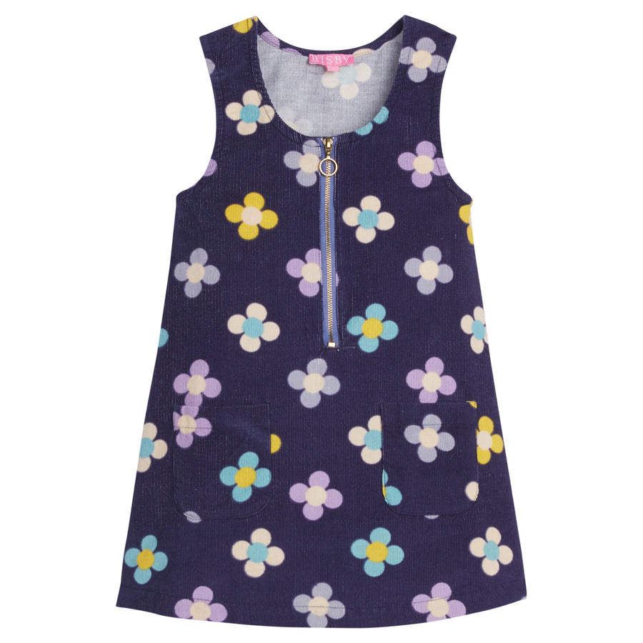 Girls/Tween jumper in our Flower Power floral pattern which features large cream/purple/turquoise/yellow flower pattern on a navy background. The fabric is made of a lightweight corduroy fabric and is super soft. Jumper also has a gold zipper detail and pockets on the front-BISBY