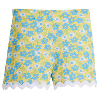 Girls/Tween knit shorts in a yellow/green/aqua floral print. Shorts feature an elastic waistband for a comfy fit and also have a gorgeous white ric rac detail along bottom. 