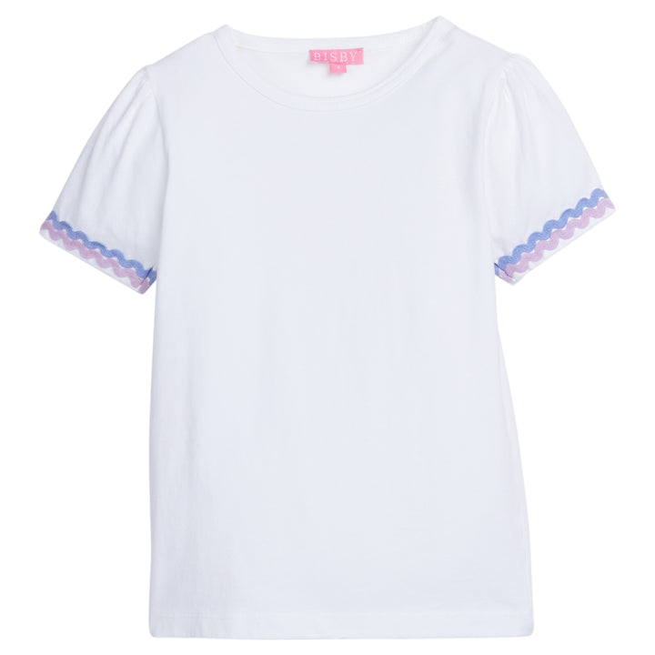 Girl/Tween white basic t-shirt that has hydrangea blue and lilac ric-rac pattern along bottoms of sleeves.