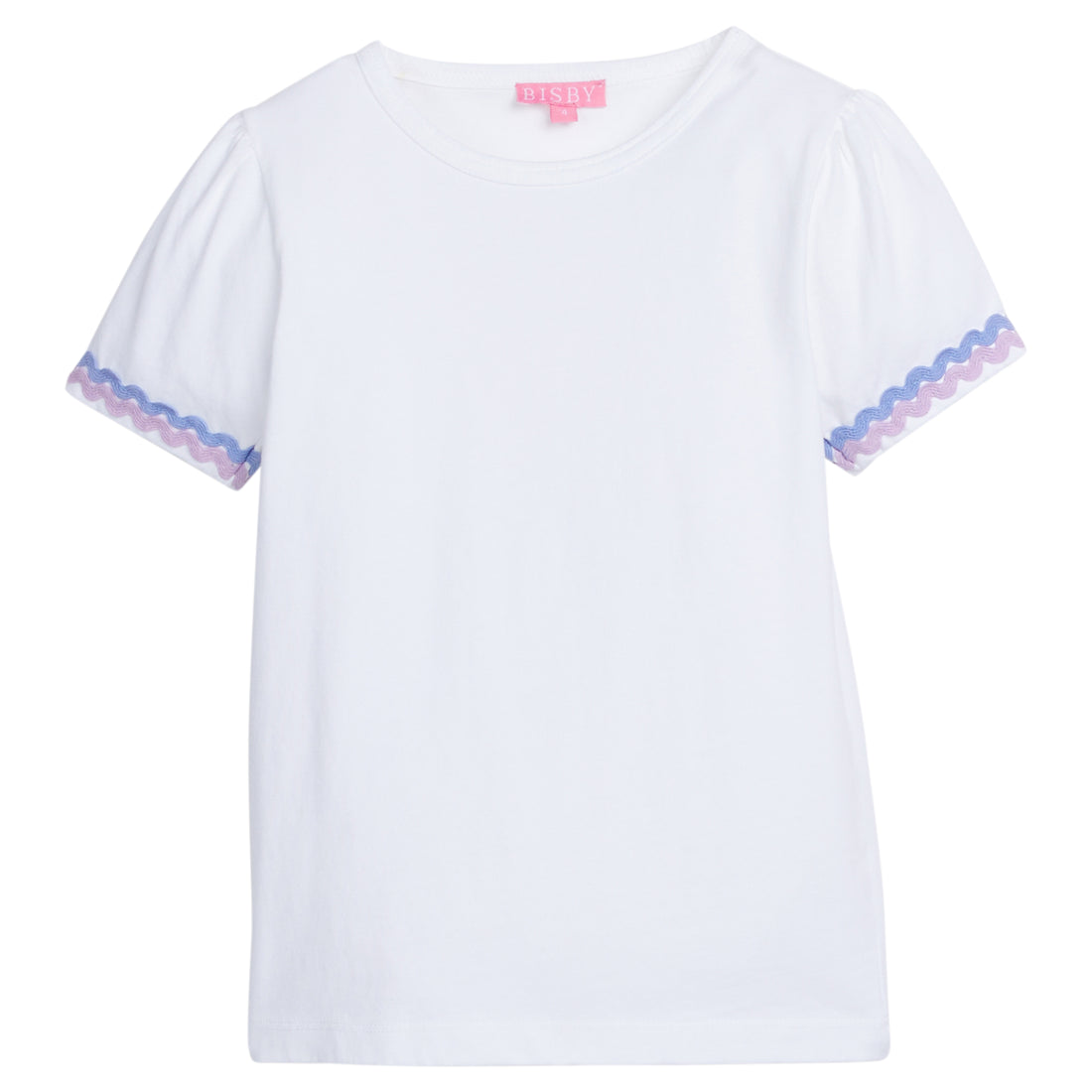 Girl/Tween white basic t-shirt that has hydrangea blue and lilac ric-rac pattern along bottoms of sleeves.