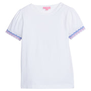 Girl/Tween white basic t-shirt that has hydrangea blue and lilac ric-rac pattern along bottoms of sleeves.