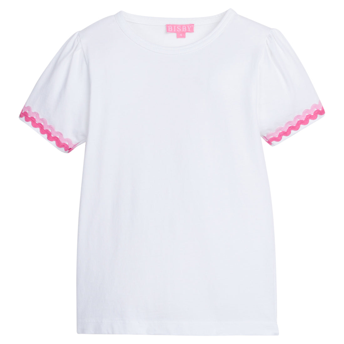 Girl/Tween white basic t-shirt that has hot pink and light pink ric-rac pattern along bottoms of sleeves.