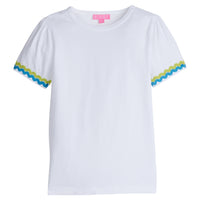 Girl/Tween white basic t-shirt that has zest green and aqua ric-rac pattern along bottoms of sleeves.