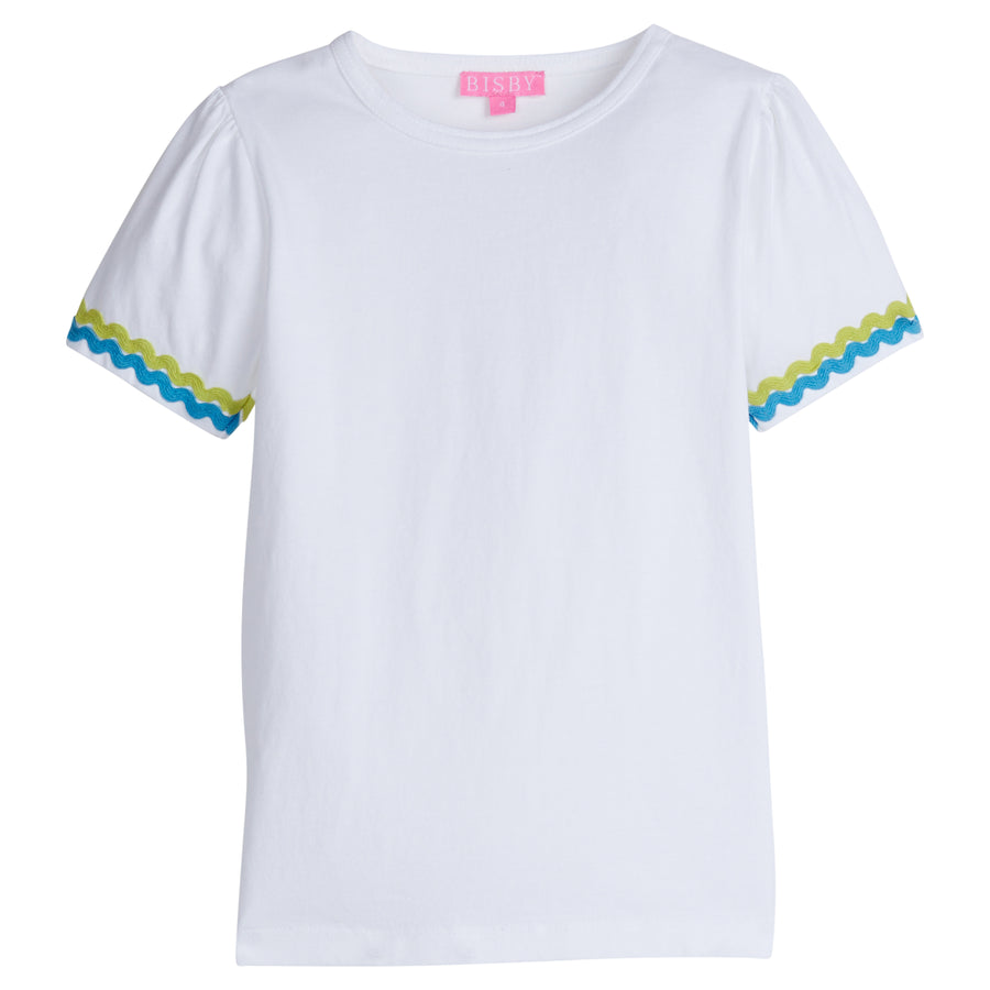 Girl/Tween white basic t-shirt that has zest green and aqua ric-rac pattern along bottoms of sleeves.