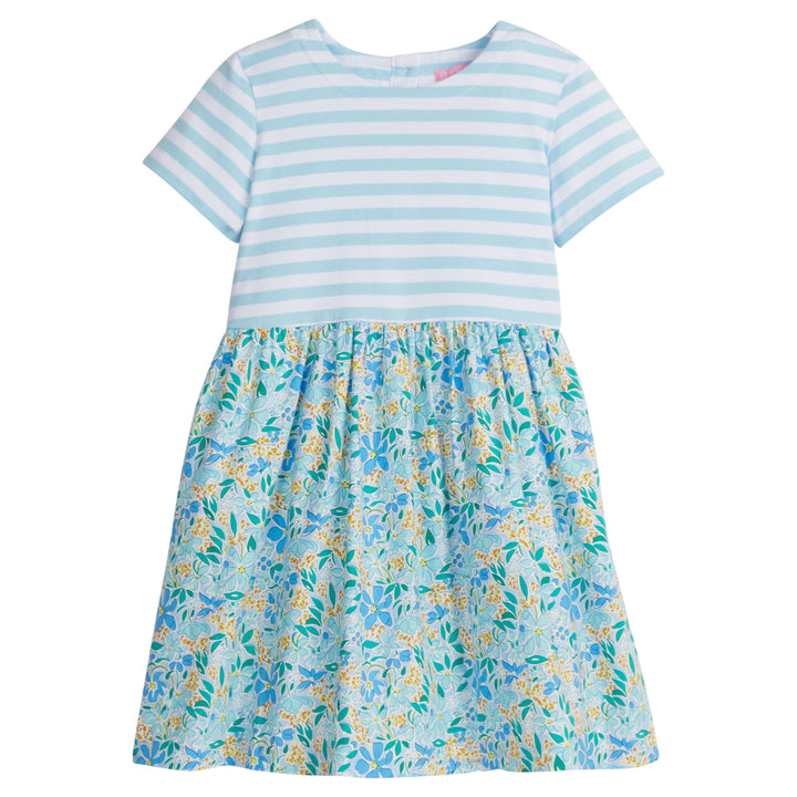 Girls/Tween dress with knit blue/white stripe top half and a woven skirt with blue/yellow floral print. There is also a 3 button closure along back for a relaxed but secure fit.