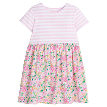 Girls/Tween dress with knit pink/white stripe top half and a woven skirt with pink/yellow floral print. There is also a three button closure along back for a relaxed but secure fit.