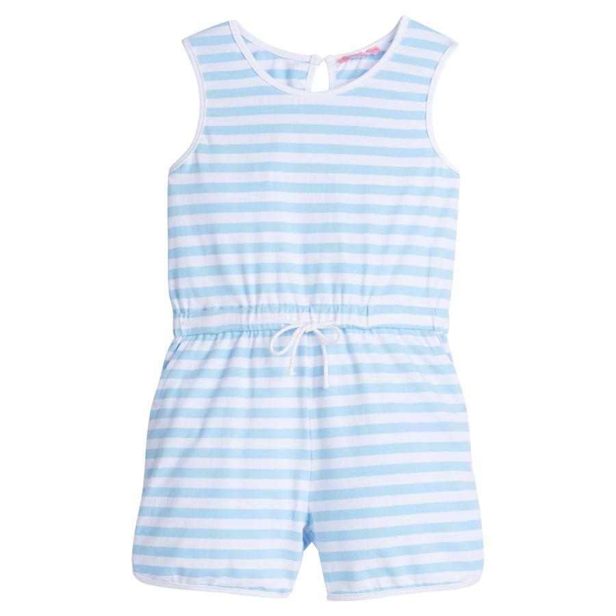 Girls/Tween knit romper in light blue/white stripe. Romper features a keyhole button closure at back , an elastic waistband, and pockets.