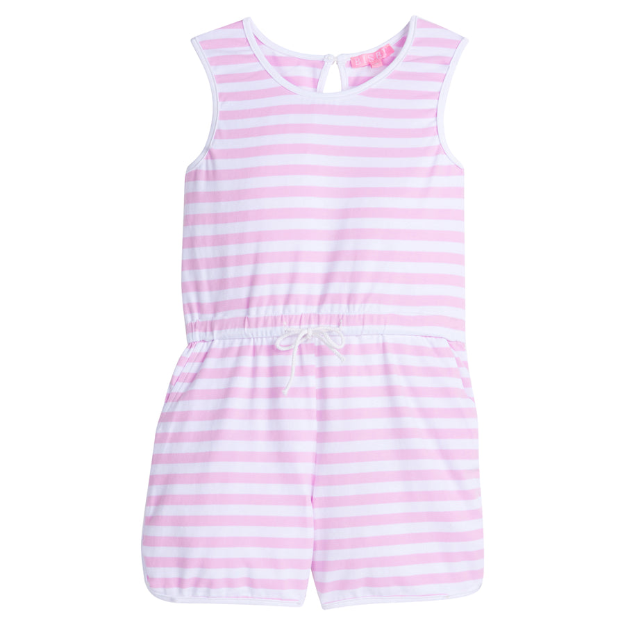 Girls/Tween knit romper in light purple/white stripe. Romper features a keyhole button closure at back , an elastic waistband, and pockets.