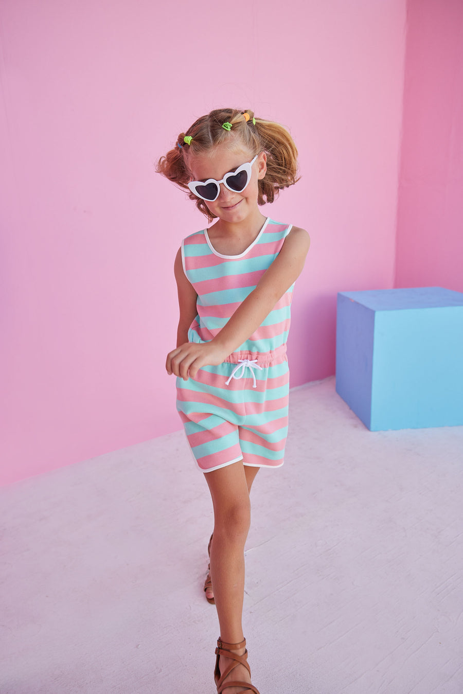 Salmon and aqua striped polo pique romper for girls