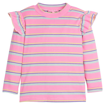 Girls/Tween knit top in our Bubblegum Stripe which features small yellow/blue/aqua stripes on bubblegum pink background. Top features angel sleeve detail on top of long sleeves and is made of super stretchy lightweight knit material-BISBY