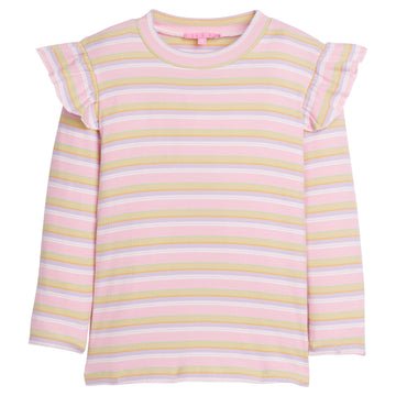 Girls/Tween knit top in our Pastel Stripe pattern which has orange/yellow/purple/white pastel stripes on a light pink background . Top features angel sleeve detail on top of long sleeves and is made of super stretchy lightweight knit material-BISBY