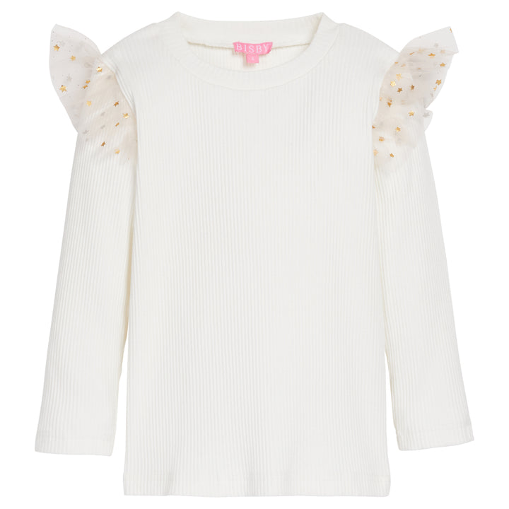 Girls/Tween top in our Sparkle Stars which features a ribbed knit material and tulle angel sleeves with gold stars at top of long sleeves. Material is a thicker ribbed knit material for a super soft and comfy feel-BISBY