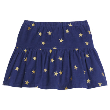 Girls/Tween  skort in our Shoot For the Stars pattern which has gold stars printed on a navy background. Material is made from a lightweight corduroy fabric, has an elastic waistband, and built in shorts for a comfy and relaxed fit-BISBY