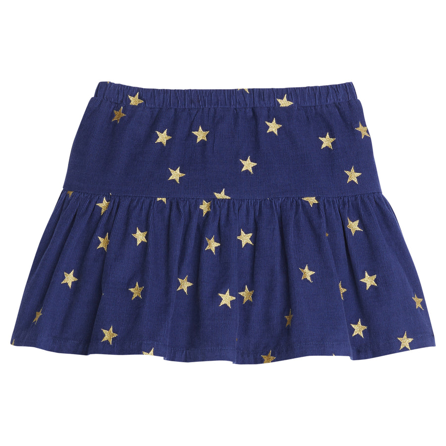 Girls/Tween  skort in our Shoot For the Stars pattern which has gold stars printed on a navy background. Material is made from a lightweight corduroy fabric, has an elastic waistband, and built in shorts for a comfy and relaxed fit-BISBY