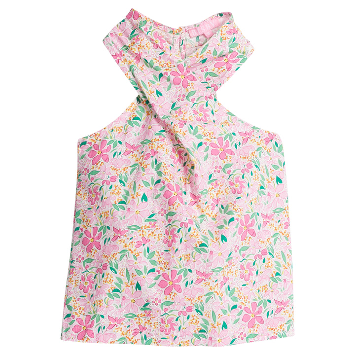 Girls/Tween woven scarf top in a beautiful hot pink floral pattern. Top features two button closure on back neckline and has a criss cross detail with the straps to create the scarf top affect. 