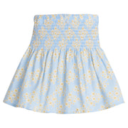 Girls/Tween woven skirt with ruching across top half in a light blue/yellow/white floral print.