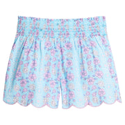 Girls/Tween woven shorts in an aqua and purple floral pattern. Shorts feature ruching/stretchy elastic waistband and also has a nice scalloped detail along bottom for a flowy look. 