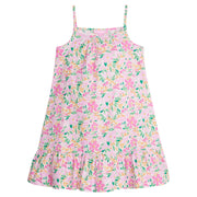 Girls/Tween woven dress with thin straps in a hot pink/yellow/white floral pattern. Dress is made up of a lightweight woven material for a comfy fit. 