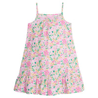 Girls/Tween woven dress with thin straps in a hot pink/yellow/white floral pattern. Dress is made up of a lightweight woven material for a comfy fit. 