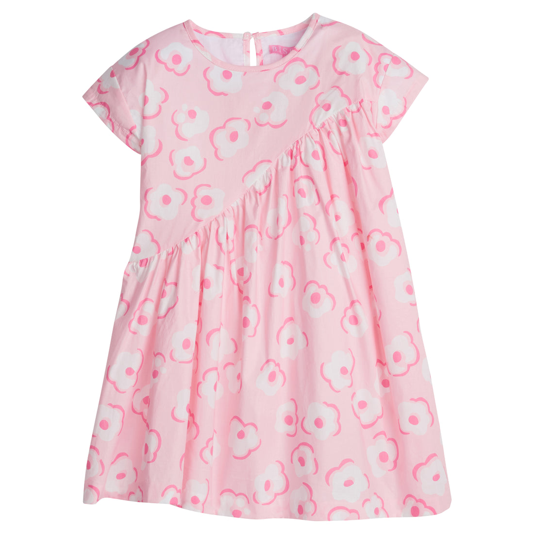 Girl/Tween woven dress in light pink/hot pink/white floral print. This fun dress has a "swoop" ruching detail along the front side for a different/ fun shape. Dress also has a button closure at back for a secure but relaxed fit.