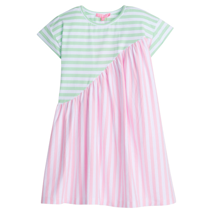 Girl/Tween soft knit dress in a green and pink stripe pattern This fun dress has a "swoop" ruching detail along the front side for a different/ fun shape.