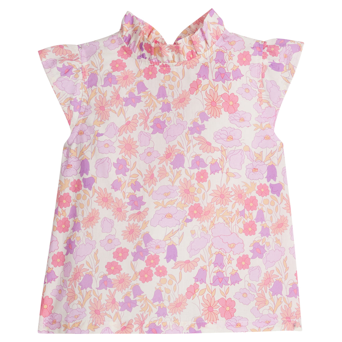 Girls/Tween thin woven top in a lavender/salmon pink/cream floral pattern. Shirt features angel sleeves, ruffle collar, and button closures at back for a relaxed but secure fit.  