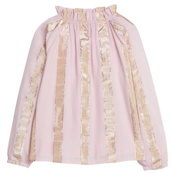 Girls/Tween woven top in our Pink Metallic Stripe pattern which has thick pink and gold metallic stripes. The neckline is elastic, along with the cuffs on the sleeves, and has ruffles on the top. Top is also made from a lightweight woven material-BISBY 