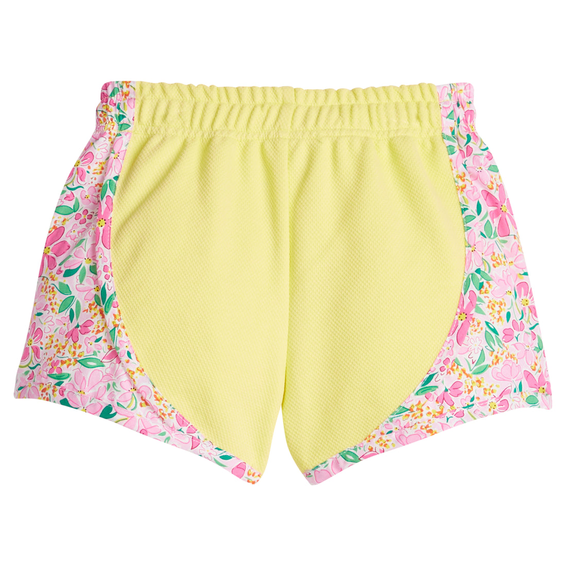 Girl/Tween basic yellow athletic type track short with green/pink/yellow pattern print along outside of shorts. 